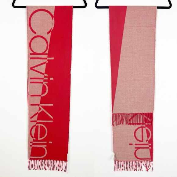 Calvin Klein Winter Scarf Fringe CK Logo Warm Wrap Cozy Peach Pink 11x66” - Picture 3 of 7